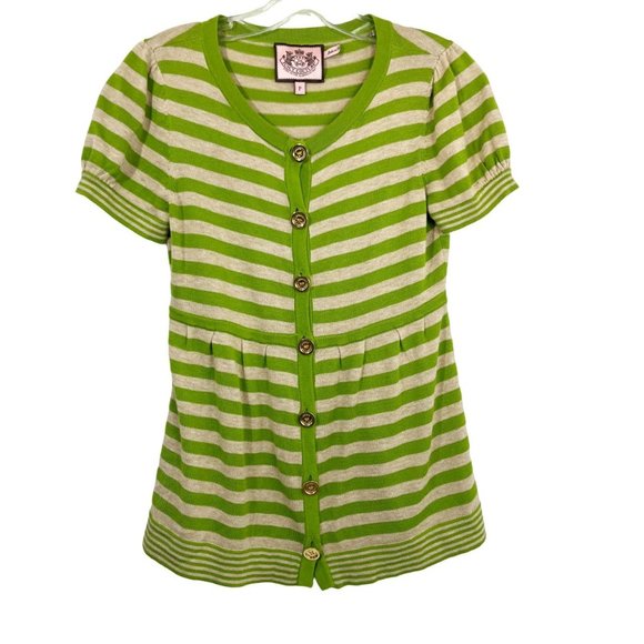 Vintage Juicy Couture Y2K Green Striped Short Sleeve Button Cardigan - Size P - Picture 1 of 4